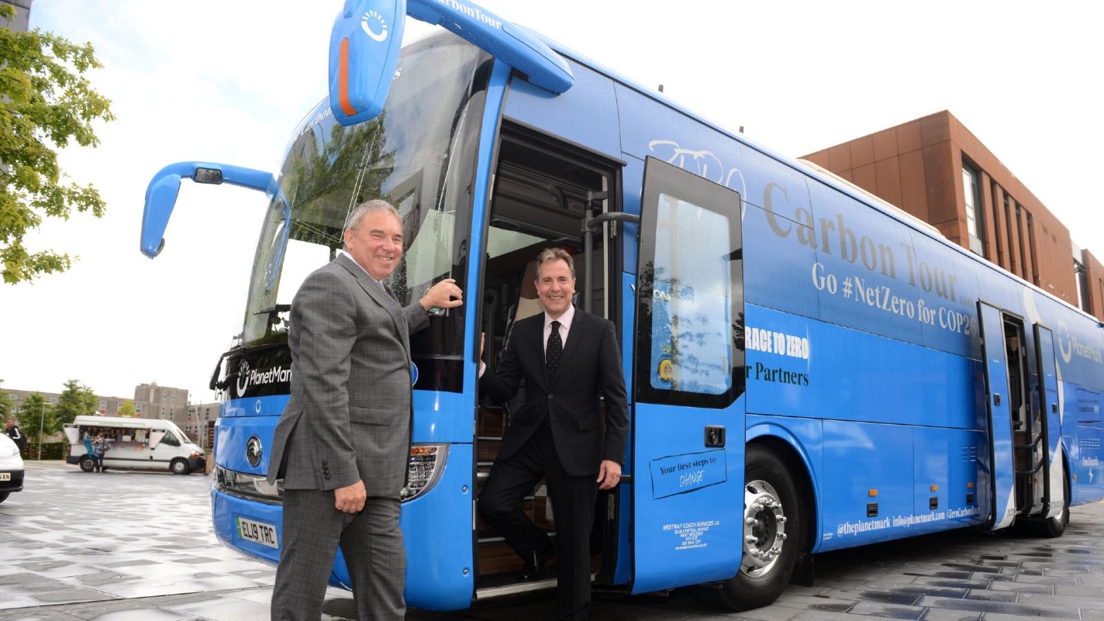 UWE Vice Chancellor Steve West (left) and West of England Mayor Dan Norris with the Zero Carbon bus